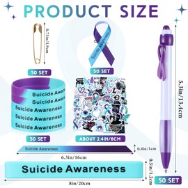 Zhanmai 250 Pcs Suicide Prevention Awareness Kit 50 Silicone Wristband Bracelet 50 Awareness Ribbon 50 Pins 50 Purple Ribbon Retractable Pen 50 Suicide Awareness Stickers for Charity Events Party