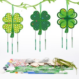 MEZOOM 10pcs St. Patrick's Day Shamrock Wind Chimes for Kid Wooden Clover Craft Make Your Own Lucky Irish Day Four-Leaf Decorative Wind Chime for Adult Child Grandkid St.Patrick's Day Decoration