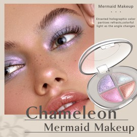 HOSAILY 4 Colors Holographic Multichrome Glitter Eyeshadow Palette, Chameleon Purple Pink Mermaid Rose Gold Glitter Iridescent Baked Eyeshadow Powder, Smooth Shimmer Face Highlighter Fairy Makeup 02