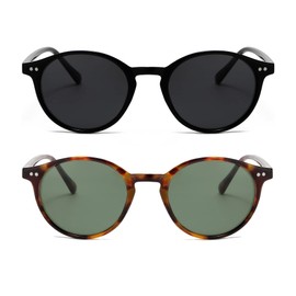 EYLRIM Classic Polarized Round Sunglasses for Women Men Vintage Style Lightweight Circle Frame Sun Glasses(2 Pack (Bright Black/Grey + Tortoise/Green))