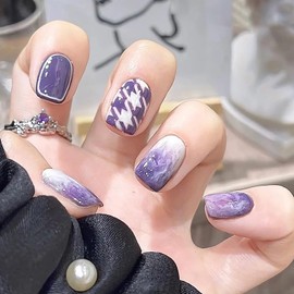 Press On Nails Short Square, Coffin Shape Full Cover Reusable False Nails with Glue, Stick On Nails with Gradient Purple Designs, Artificial Fingernails Acrylic Fake Nails for Women, Glue On Nails