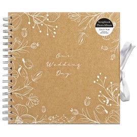 Wedding Scrapbook Photo Album – 22cm x 21.5cm – 40 Kraft Pages – Wiro Bound – White Floral Cover – Includes 200 Glue Dots – DIY Memory Book with Bow Closure