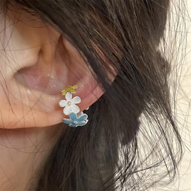 Colorful Enamel Flower Hoop Ear Cuff for Women Dainty Small Cherry Blossom Floral Crawler Climber Fake Hoop Earrings Fashion Cute Cartilage Non Piercing Birthday Holiday Jewelry