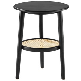 Apicizon 2 Tier Round End Table, Black Rattan Nightstand Bedside Table with Storage, Boho Side Table for Living Room, Bedroom, Small Spaces, Easy Assembly, 15 x 19.3 Inches