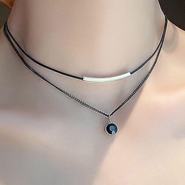 Aneneiceera Punk Layered Black Choker Necklace Round Black Crystal Pendant Necklace Silver Tube Bar Necklace Vintage Leather Necklace Chain Jewellery for Women and Girls (Silver), Metal Material