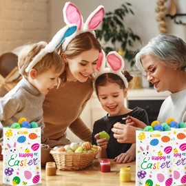 40 Pack Happy Easter Treat Bags, Colorful Easter Gift Bags with Handles, Plastic Easter Eggs Bunny Goodie Candy Tote Favor Bags for Easter Egg Hunt Party Supplies and Gifts Wrapping, 6.5 X 10 inch