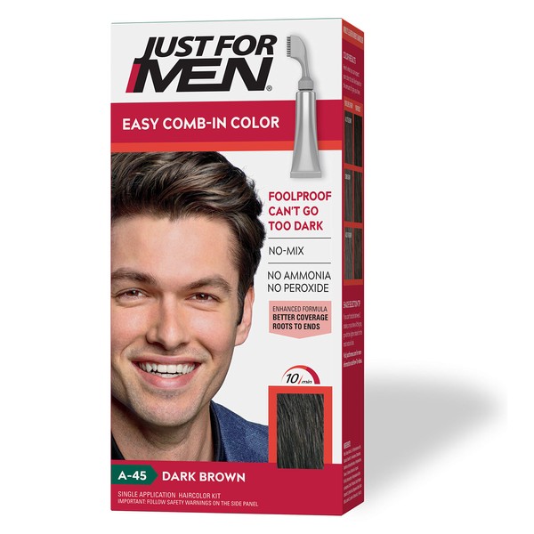 Just For Men Easy Comb-In Color (Formerly Autostop), Gray Hair Coloring for Men with Comb Applicator - Dark Brown, A-45 (Packaging May Vary)