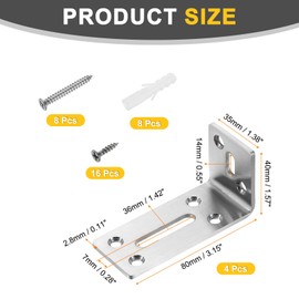 sourcing map 4Pcs Adjustable L-Shape Corner Brace, 40 x 80 x 35mm l Corner Brace Slotted Joint Right Angle Bracket with Screws for Fixing Furniture Wood Shelves Cabinet Shelf, Silver