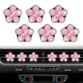 Crystal Rhinestone Flower Car Air Vent Clips – 6 Pcs Bling Sparkly Diamond Car Decoration Accessories for Women, Cute Dashboard Decorations for Car, Girly Car Interior Decor (Pink)