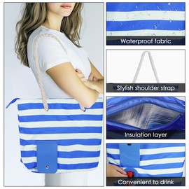 LUWOO Wine Tote Bag with Hidden Drink Dispenser Spout, Beach Wine Cooler Bag, Leakproof Insulated Wine Purse Carrier with 3 Refillable Replacement Pouch for BYOB, Pool, Camping (Blue)