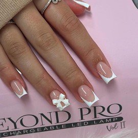 Stick on Nails French Tip - 24PCS Medium Square False Nails with Glue - Nude Press on Nails French Tip - Natural Fake Nails for Women - Full Cover Nail Tips and Glue Long Lasting