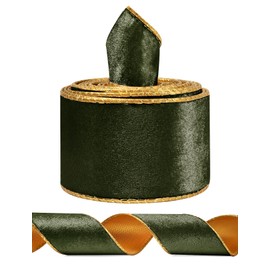 Olive Green Wide Velvet Ribbon Wired for Christmas Tree, Garland, Wreath, 2.5 Inch 5 Yards