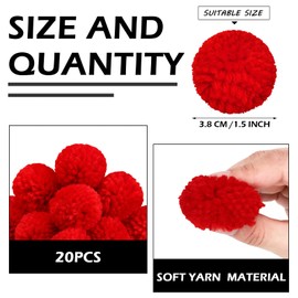 Syhood 20 Pcs Christmas Yarn Pom Poms Balls for DIY Handmade Crafts Fuzzy Pompoms for Christmas DIY Hats Thanksgiving Party Holiday Hanging Home Decorations(1.5 Inch,Red)
