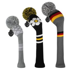 Scott Edward Mix and Match Knit Golf Club Covers with a Cute Pom Pom Set of 3 Driver Head Cover 1 Fairway Headcover 1 and Hybrid/UT Cover 1 The Best Color Combinations (Black Gray)