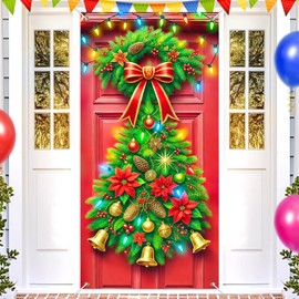 BlissYard Christmas Tree Door Cover 71x35 Inch Holiday Banner for Front Door Outdoor Indoor Decorations Large Vertical Backdrop with Bells Pine Garland Poinsettias Lights Ornaments Red Gold Bow Decor