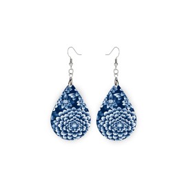 Twisted R Design Earrings, Blue Dahlia Print Wood Dangle Teardrop Print Earrings Jewelry