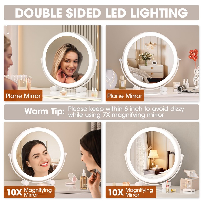 Hasipu 10-inch Lighted Makeup Mirror with Magnification, White Frame Rechargeable