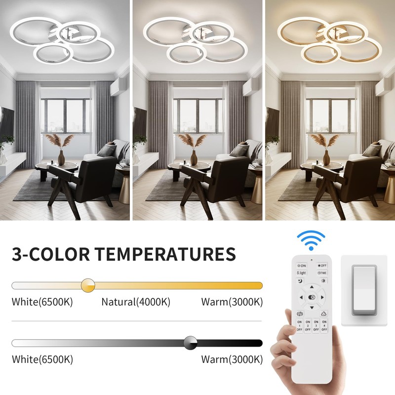 Vloitgol Modern LED Ceiling Light Fixture, 4 Rings Dimmable Flush