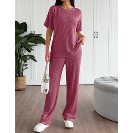 Ekouaer Lounge Set for Women 2 Piece Sets Outfits Top and Long Pants Ribbed Textured Knit Matching Pajamas with Pockets