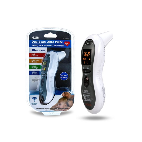 MOBI - Ultra Pulse Digital Thermometer - Ear & Forehead Indicator Pulse Rate Monitor Flashlight - Talking Digital Fever Monitor for Baby Kids & Adult