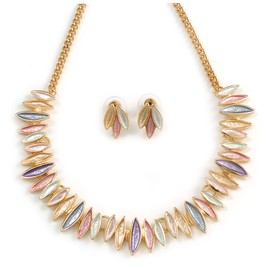 Pastel Multi Matt Enamel Abstract Leaf Necklace & Stud Earrings in Gold Tone Metal - 43cm L/ 6cm Ext