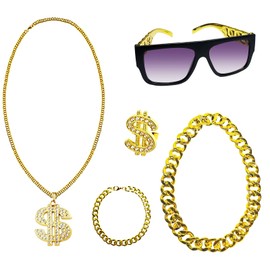 80 90s Accessories Outfit for Men Hip Hop Costumes Kit Fake Gold Chain Dollar Sign Necklace and Rings Adjustable Twist Leg Punk Sunglasses Rapper Accessories for Men/Boys/Kids Rapper Themed Party