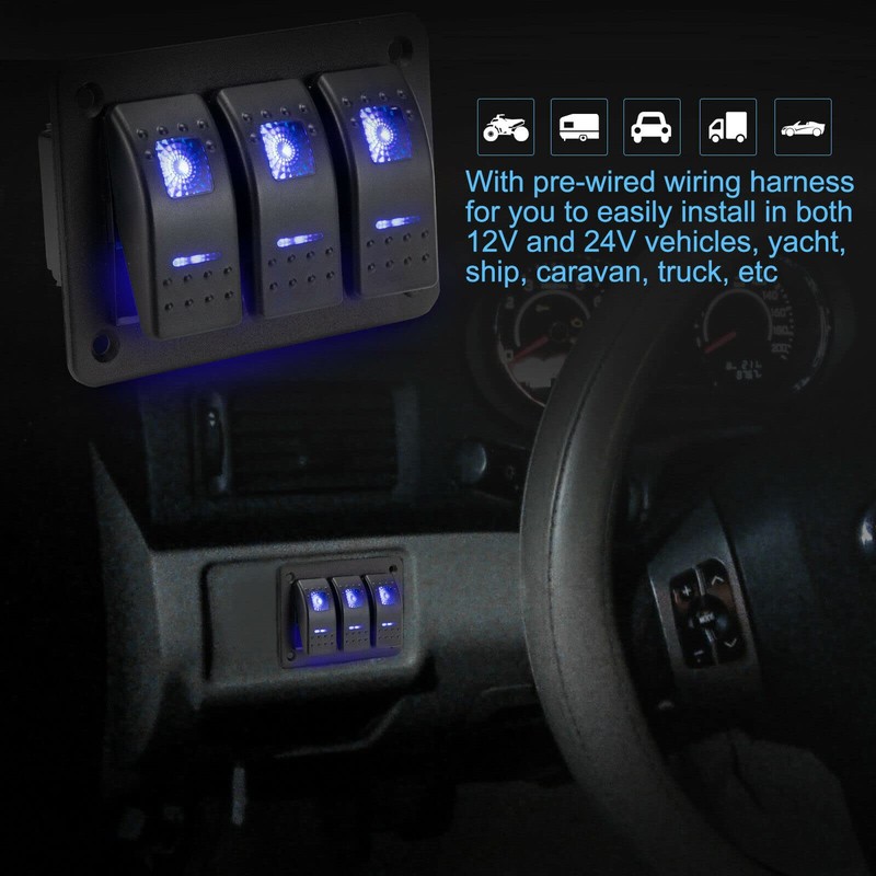 3 Gang Switch Panel On/Off Toggle Switch Panel Waterproof 12