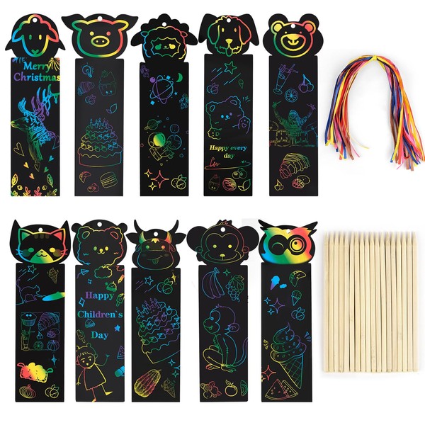 Scratch Art Bookmarks, 30pcs Scratch Bookmarks, Magic Rainbow Scratch Bookmarks for Kids, DIY Gift Tags for Children with Colourful Ribbons, Wooden Stylus for Classroom Gifts