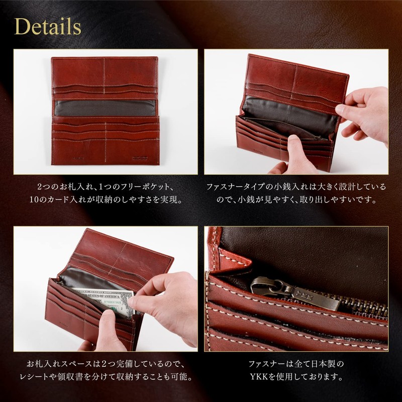 TASUKI Men's Long Wallet, Genuine Leather, Italian Leather, Made in