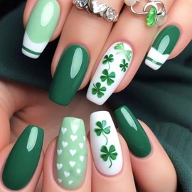 St. Patrick's Day Press on Nails Coffin Medium Fake Nails Green Shamrock Glue on Nails Cute Heart False Nails Irish Clover French Nail Tips Glossy Acrylic Stick on Nails for Women Girls 24Pcs