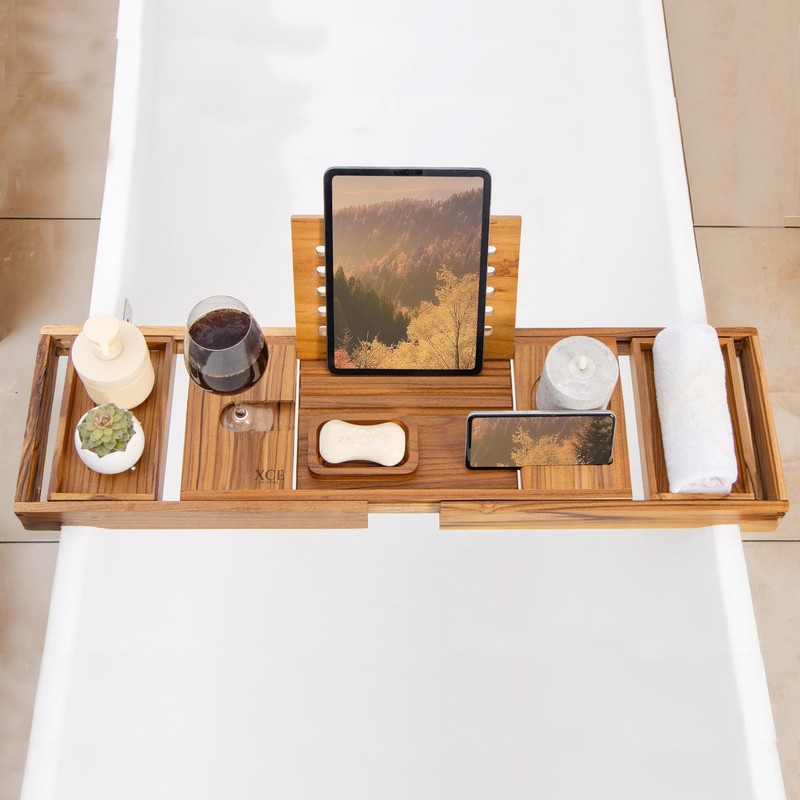 XcE Teak Bathtub Tray Expandable to 105cm with Solid Book