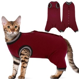 Yternal Cat Surgical Spay Suit with Leg Sleeves, Pet Surgical Pajamas for Abdominal Wound Skin Diseases, Cone of Shame Alternative Anti Licking Suit Burgundy M