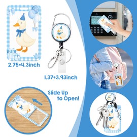 Silly Goose Lanyards for ID Badges Blue Gingham Funny Farm Animal with Bow Breakaway Lanyard with ID Holder Retractable Reel Clip Back to School Supplies for Kids Students Teachers Nurse Office Worker