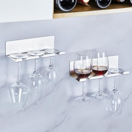 XILIMEN Wine Glass Holder Wine Glass Drying Rack Stainless Steel Hanging Stemware Rack Wall Mounted Adhesive Hanging Wine Glass Organizer Stemware Holder for Bar Restaurant Kitchen 2 Pack