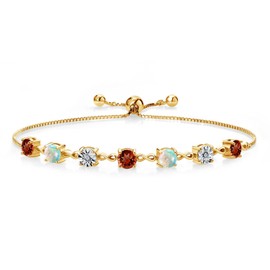 Gem Stone King 18K Yellow Gold Plated Silver Red Garnet White Simulated Opal and Lab Grown Diamond Tennis Bracelet For Women (4.01 Cttw. Fully Adjustable Up to 9 Inch)
