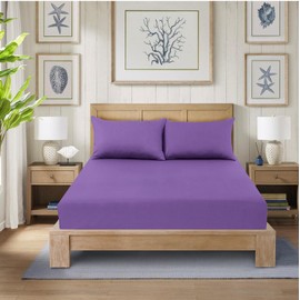 CHARKHAH Polycotton Fitted Sheet for Single Double King Super King Bed 200 Thread Count Anti Wrinkle Plain Bedding 25 cm Extra Deep Fitted Sheets Cover with Elastic Edges (Purple, King)