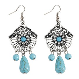 Bohemian Long Blue Turquoise Drop Dangle Earrings for Women Boho Round Ball Dangling Statement Studs Earrings Jhumka Jhumki Faith Ethic Hollow Jewelry Gifts for Christmas Holiday