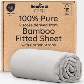 Bambaw 100% Viscose Derived from Bamboo Fitted Sheet Queen Size, Cooling Fitted Sheet Queen Size, 16’’ Pocket Fitted Sheet with Elastic Corner Straps, Queen Size Fitted Sheet Only (Moonlight Gray)