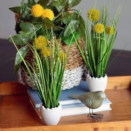 WHW Whole House Worlds Faux Billy Button Pom-pom Grass in Egg Pot, Set of 2, Pop Yellow, Spring Green and Shell White, 6.0 D x 10.25 H Inches, Artificial Craspedia
