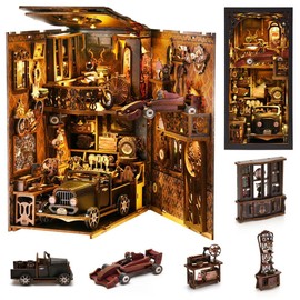 Ysityum Book Nook Kit, 3D DIY Wooden Puzzle Dollhouse Kit for Adults & Teens, Book Nook Bookshelf Insert Decoration Bookend Miniature Kit with Sensor Light Creative Craft Home Decor, Vintage Car