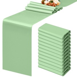 fani 12 Packs Sage Green Satin Table Runners 12 x 108 inch Long Smooth Fabric Table Runner for Wedding Banquet Graduations Birthday Party, Table Runners fit Rectange and Round Table