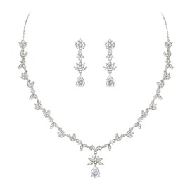 Clearine Cubic Zirconia Necklace Earrings Set Wedding Bridal Flower Leaf Crystal Drop Marquise Pendant Jewellery Set for Women Bridal Clear Silver Tone, Cubic Zirconia, Cubic Zirconia