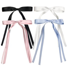 SALOCY Hair Clips, 4 PCS Hair Bow Clips for Women Girls with Long Tail Tassel Ribbon Bowknot Hair Accessories, Satin Hair Clips for Hair Design (Black, White, Pink, Blue)