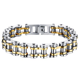 Cupimatch Cool Silver Stainless Steel Motorcycle Biker Chain Bracelet Punk Rock Link Wristband for Men, 8.5" (Silvergold)