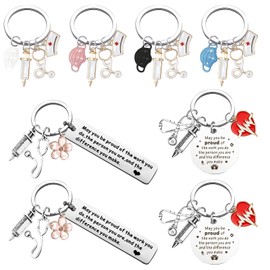 Keboyoe Pack of 8 Nurse Key Fob Stainless Steel Metal Key Fob Nurse Keychain with Syringe, Nurse Cap and Stethoscope for Doctor Nurse Gift, Pink, white, black, blue