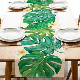 Croar Summer Monstera Palm Leaves Dining Table Runner, Tropical Plant Greenery Frangipani Burlap Kitchen Decoration, Spring Seasonal Indoor Outdoor Home Decor Party Supply 13 x 90 Inches