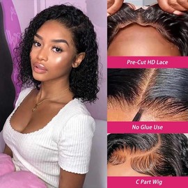 Wear and Go Human Hair Wig Bob 150% Density Short Bob Lace Front Wigs Human Hair Curly Lace Wig Real Hair Wig for Women 100% Brazilian Real Hair in Natural Black Colour 14 Inches / 35.7 cm