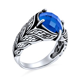 Personalize - Juego de anillos unisex para hombre, estilo clásico, facetado, ovalado, zafiro azul, circonita cúbica, circonita cúbica, hojas de vid cónicas, joyería occidental para hombres, plata maciza oxidada, hecha a mano en Turquía, 10, Gema Metal, Z