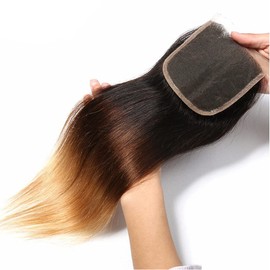 Volvetwig Ombre Brazilian Hair Closure Blonde Soft Lace Closure Hair Short Ombre Blonde Closure Hair Extension Honey Blonde Brown 4 x 4 Free Part Remy Hair 12 Inches