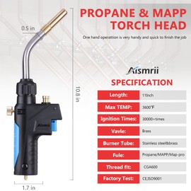 MAPP/MAP/PROPANE Gas Torch,Torch Head,Use Brazing, Copper Pipe Connection, Maximum Temperature 3600℉(1300℃)